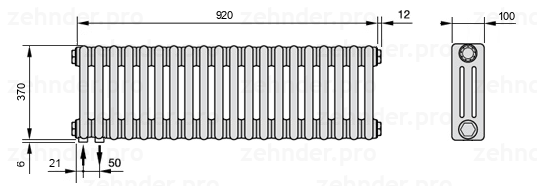 Схема (чертеж) Радиатор Zehnder Charleston 3037/20 №3370 Белый глянцевый RAL 9016